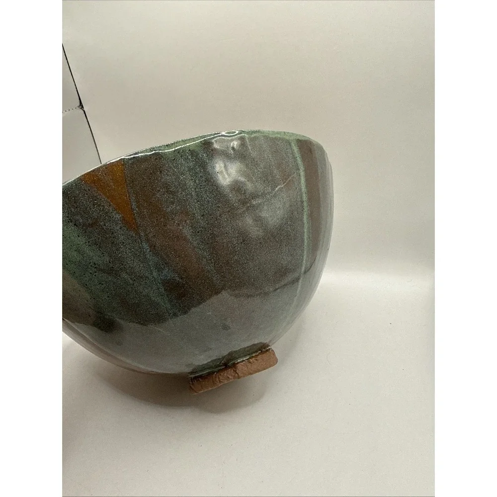 Hand Made Pottery Bowl, Artist Signed JS Blue Green Color Embossed 9.5